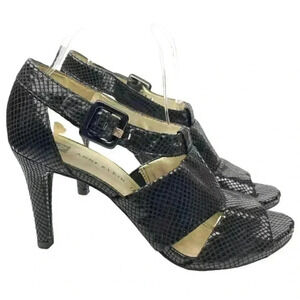 Anne Klein Akouray heels sz 8.5 black leather snakeskin print Dorsay platforms
